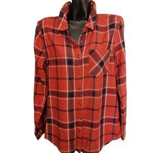 Hippie Rose Long Plaid Button Shirt Rust Orange Red size Small